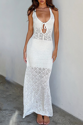 Knit Sleeveless U Neck Tie Up Slim Fit Hollow Out Backless Maxi Dresses-White